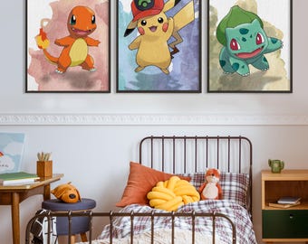 Pokemo Poster 3er Set, Japanische Cartoon Pokemo Kunst, Anime Poster, Pokemo Kunst, Kinder Wanddekoration, Instant Download, Geschenkidee
