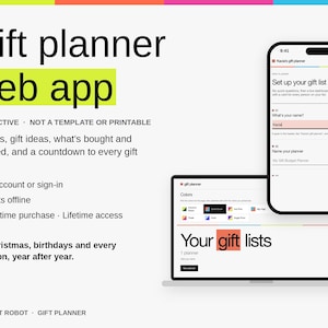 Könnte beinhalten: Eine digitale Geschenkplaner-Web-App, dargestellt auf einem Laptop- und Smartphone-Bildschirm. Die Benutzeroberfläche enthält Text wie Gift planner web app, Set up your gift list und Your gift lists sowie Hinweise auf Funktionen wie Offline-Nutzung.