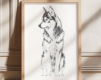 Husky Stands Vintage Print, Farmhouse Wall Art, Husky Poster Art, Antique Vintage Painting, Country Wall Art, Dog Drawing, Dog Wall Art
