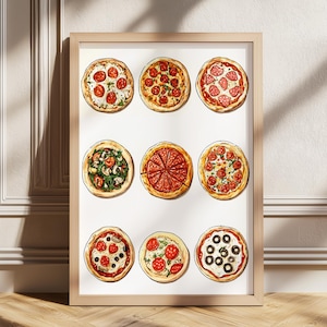 Hand Drawn Pizza Print, Pizza Poster, Modern Dinning Room Art, Digital Download, Pizza Lover Gift, Kitchen Wall Art, Retro Food Print