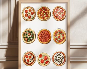 Hand Drawn Pizza Print, Pizza Poster, Modern Dinning Room Art, Digital Download, Pizza Lover Gift, Kitchen Wall Art, Retro Food Print