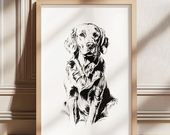 Dog Vintage Print, Golden Retriever Print, Dog Drawing, Farmhouse Print, Countryside Wall Art, Dog Vintage Print, Dog Wall Art