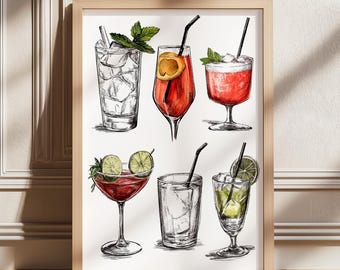 Póster de cócteles, arte imprimible de bebidas, impresión de bebidas de moda, arte retro para carrito de bar, impresiones de vino para decoración de cocina