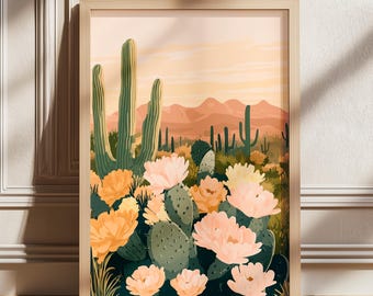 Boho Cactus Sunset Landscape Art Print, Earth Tones Boho Sunset Wildflower Daisy, Flower Printable Art, Digital Download