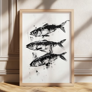 Sardine Painting, Antique Still Life Fish Art, Vintage Sea Life Print, Wall Decor for Fish Restaurant, Nautical Fish Coastal Home Art