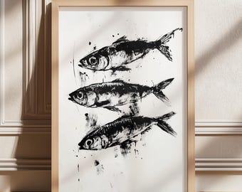 Sardine Painting, Antique Still Life Fish Art, Vintage Sea Life Print, Wall Decor for Fish Restaurant, Nautical Fish Coastal Home Art