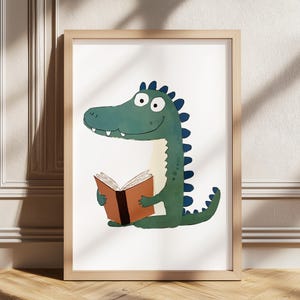Crocodile Nursery Print, Green Animal Wall Art, Kids Room Decor, Cute Alligator Art, Digital Download, Alligator Prints, Crocodile Read Book