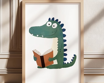 Crocodile Nursery Print, Green Animal Wall Art, Kids Room Decor, Cute Alligator Art, Digital Download, Alligator Prints, Crocodile Read Book