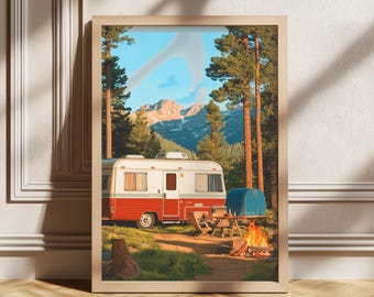 Impresión de arte mural de camping retro, póster de camping, decoración de sala de estar, decoración de exteriores, impresiones de camping, póster de exteriores