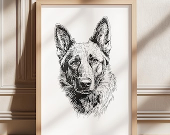 Hund Vintage Druck, Schäferhund Druck, Hunde Zeichnung, Bauernhaus Druck, Landschaft Wand Kunst