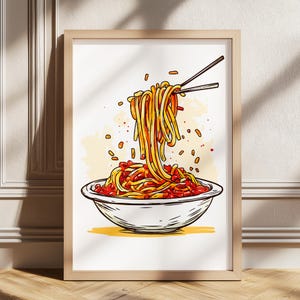 Puede incluir: Ilustración enmarcada de espaguetis con albóndigas. La pasta se representa en un amarillo vibrante, con salsa roja y pequeños acentos rojos. Unos palillos sostienen una porción de espaguetis, con un cuenco blanco en la parte inferior.