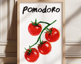 Pomodoro Napoli kunst aan de muur, poster cherrytomaat, food Art Print, plantaardige poster, botanische print, poster moderne keuken, poster moderne keuken, tomaat print