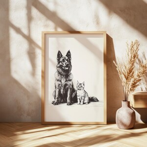 May include: Black and white illustration of a German Shepherd dog and a cat sitting side by side. The dog is looking to the right and the cat is looking up.
