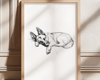 Deutscher Schäferhund Schlafen Illustration, Hund Zeichnung Kunst, Deutscher Schäferhund Poster, Hund Vintage Druck, Hunde Wandkunst, Antike Vintage Malerei