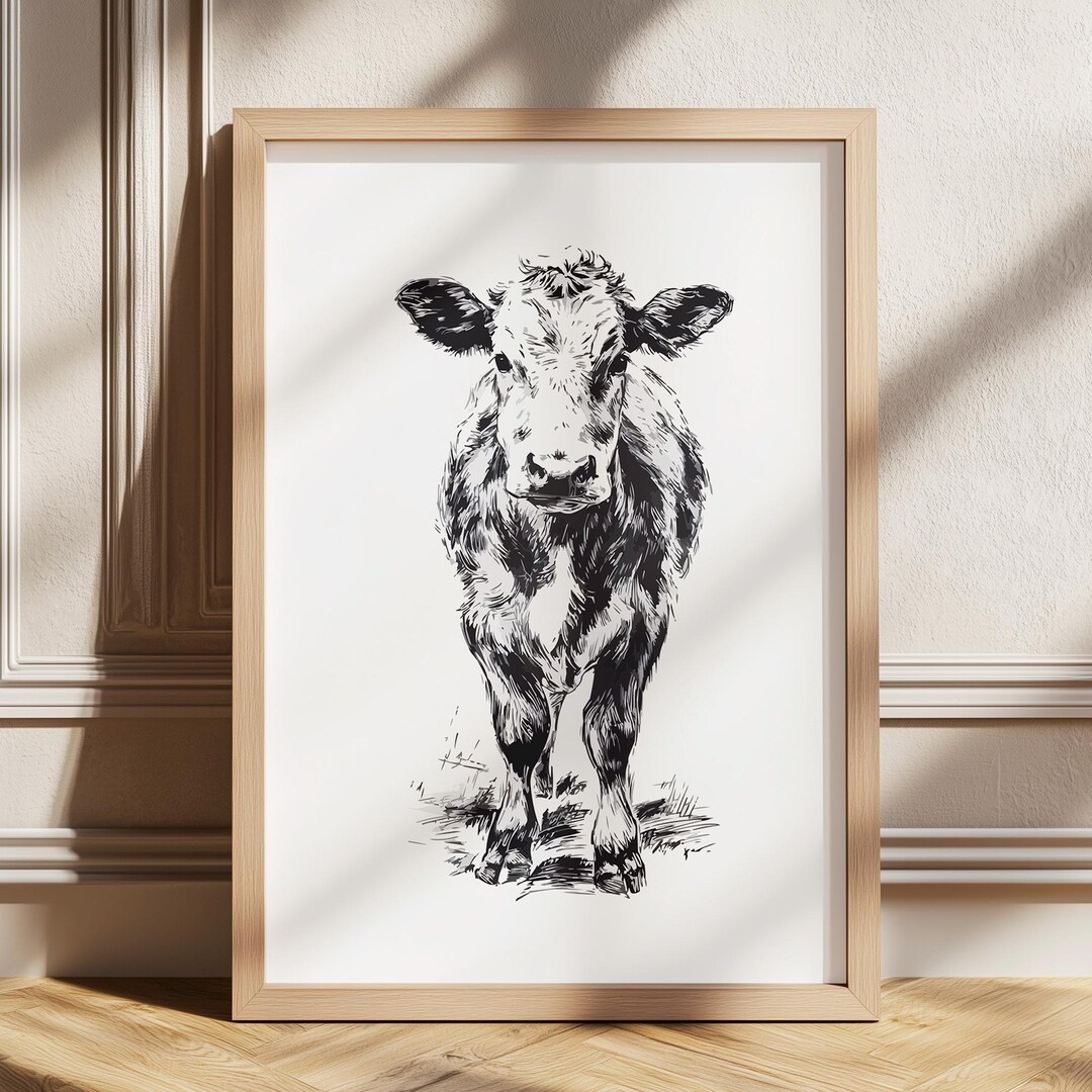 Cow Illustration, Farm Animal Wall Art, Black and White Rustic Poster ...