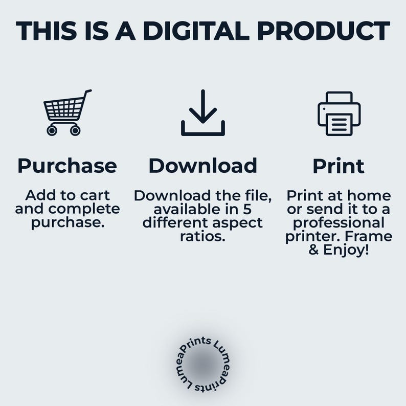 May include: A digital product illustration with three icons: a shopping cart, a download arrow, and a printer. The text "THIS IS A DIGITAL PRODUCT" is at the top of the image. The text below the shopping cart icon says "Purchase", the text below the download arrow says "Download", and the text below the printer icon says "Print".