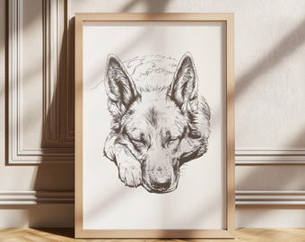 Deutscher Schäferhund schlafend Druck, Hunde-Liebhaber Geschenk, Hund Vintage Druck, Hunde Wandkunst, antikes Vintage Gemälde, Schäferhund Illustration