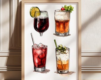 Cocktail Poster, Mixed Drinks Art, Watercolor Cocktails, Modern Wall Art, Bar Wall Art, Dining Room Art, Art For Kitchen