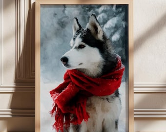 Husky Christmas Drawing, Dog Xmas Holidays Poster, Christmas Dog Lover Gift, Holiday Print, Christmas Decor, Christmas Dog Print
