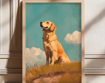 Golden Retriever Maximalist Print, Dog Wall Art, Golden Retriever Illustration Art, Retro Animals Artwork Poster, Antique Vintage Painting