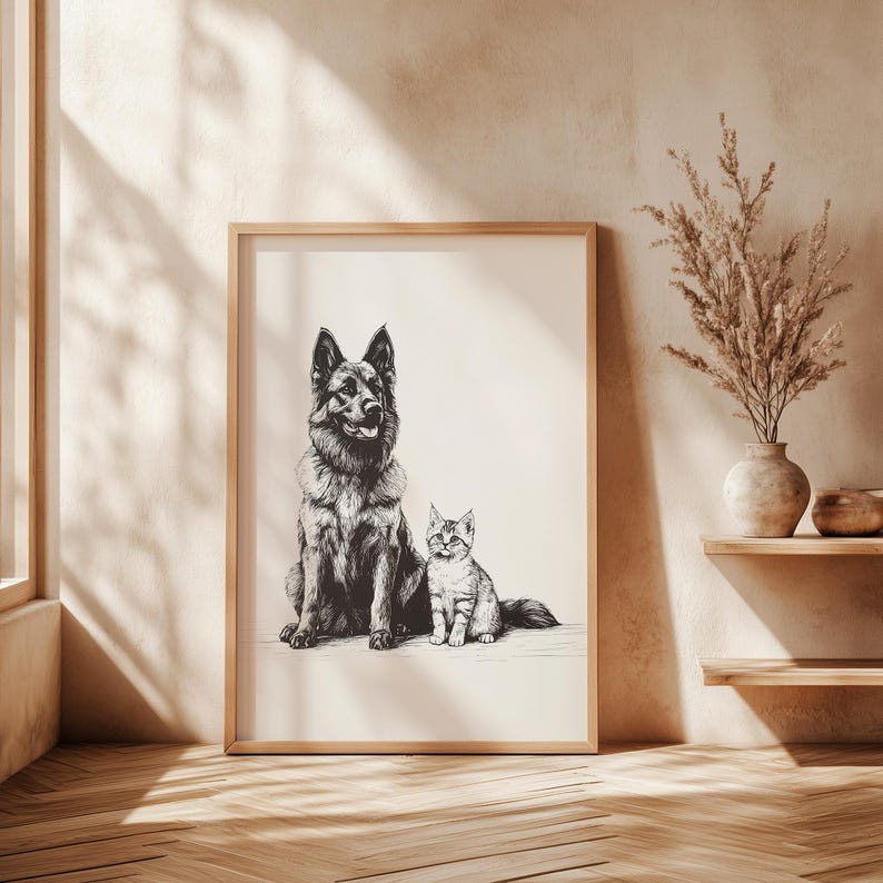 May include: Black and white illustration of a German Shepherd dog and a cat sitting side by side. The dog is looking to the right and the cat is looking to the left. The illustration is framed in a light wood frame.