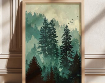 Forest Mountains Digital Print, Misty Forest Mountains Print, Green Forest Landscape Print, Large Nature Picture, Printable Wall Art