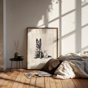 May include: A framed black and white illustration of a German Shepherd dog and a cat sitting side by side. The dog is looking at the viewer, while the cat is looking to the side. The illustration is on a white background and is framed in a brown frame.