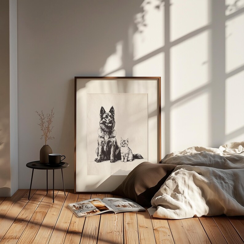 May include: A framed black and white illustration of a German Shepherd dog and a cat sitting side by side. The dog is looking at the viewer, while the cat is looking to the side. The illustration is on a white background and is framed in a brown frame.