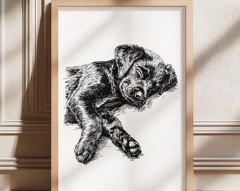Sleeping Puppy Poster, Dog Wall Art, Pet Illustration, Black and White Print, Digital Art, Animal Decor, Home Print, Minimalist Dog Poster