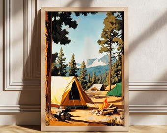 Impresión de arte mural de camping con tienda de campaña retro, póster de camping, decoración de sala de estar, decoración de exteriores, impresiones de camping, póster de exteriores, póster de camping retro