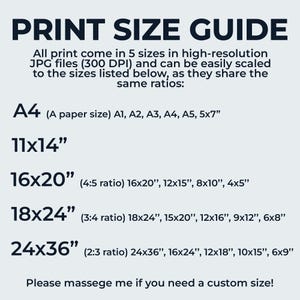 May include: Print size guide for high-resolution JPG files (300 DPI) in five sizes: A4, 11x14", 16x20", 18x24", and 24x36". Each size is listed with its aspect ratio and a range of smaller sizes.