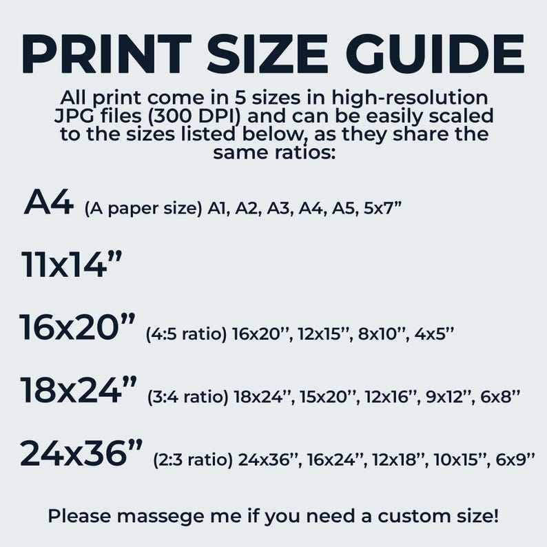 May include: Print size guide for high-resolution JPG files (300 DPI) in five sizes: A4, 11x14", 16x20", 18x24", and 24x36". Each size is listed with its aspect ratio and a range of smaller sizes.