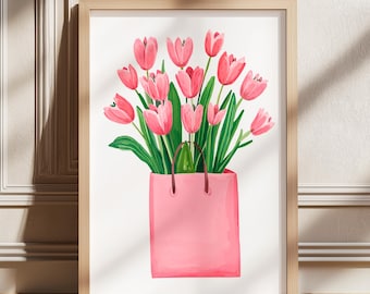 Pink Tulips Print, Tulip Printable Wall Art, Spring Wall Art, Flower Poster, Spring Tulip Print Wall Decor Watercolor printable art