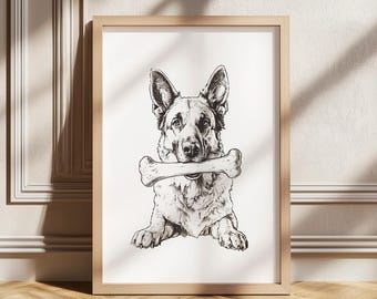 Deutscher Schäferhund mit Knochen Druck, Hunde-Liebhaber Geschenk, Hund Vintage Druck, Hunde Wandkunst, Antike Vintage Malerei, Schäferhund Illustration