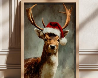 Kerstrendierprint, kerstdierkunst aan de muur, feestelijke rendierposter, gezellige winterkunstwerk, rustiek cabinedecor, dierenschilderij