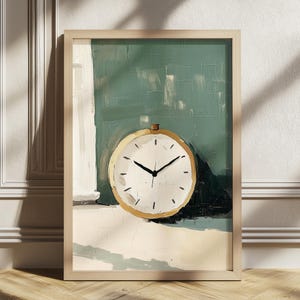 May include: A framed wall art print featuring an oil painting of a round clock with a white face and black hands. The clock is set against a deep green background with a white vertical pillar on the left and a light beige surface below.
