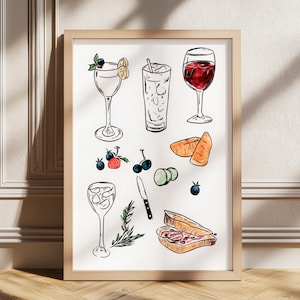 Retro Dinner Table Print, Food and Drinks Illustrations Poster, Maximalist Kitchen Gallery Wall Art, Apartment Decor, Bar Cart Art Print