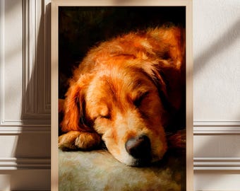Sleeping Golden Retriever, Cozy Pet Wall Art, Relaxing Home Decor, Warm Animal Painting, Digital Print, Dog Lovers Poster