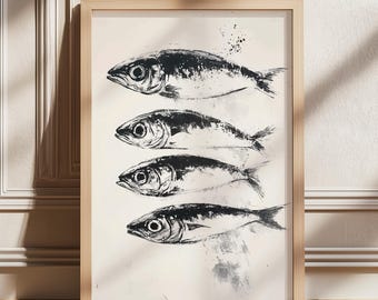 Impresión de sardinas, póster vintage de lata de sardinas, arte mural retro de sardinas, arte mural ecléctico con estampado de peces, arte de cocina colorido, póster maximalista