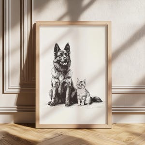 May include: Black and white line drawing of a German Shepherd dog and a cat sitting side by side. The dog is larger than the cat and has its ears perked up. The cat is looking to the side. The drawing is on a white background.