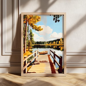 Póster de lago tranquilo, ilustración de paisaje otoñal, póster retro de barco, barco de madera, decoración de aventuras para el hogar, póster de viajes vintage