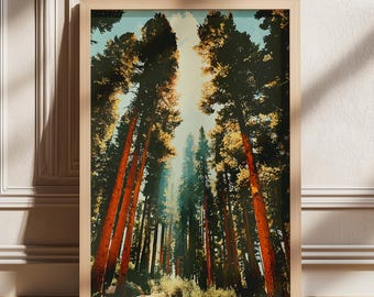 Tall Pine Forest Illustration, Sunlit Woodland Landscape Art, Vintage Style Nature Poster, Calm Forest Digital Print