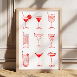 Red Cocktail Wall Art, Prints, Bar Cart Posters, Instant Digital Download, Printable Drinking Bundle, Colorful Vintage Aesthetic, Girly Vibe