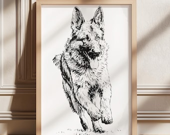 Deutscher Schäferhund Vintage Druck, Hund Vintage Druck, Hund Zeichnung Kunst, Bauernhaus Druck, Antike Vintage Malerei, Land Wandkunst, digitale Kunst