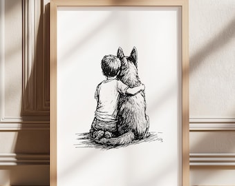 Boy and German Shepherd Nursery Print, Dog Nursery Decor, Baby Room Retro Poster, Dog Sketch Art, Neutral Dog Drawing, Boys Nursery Drawing