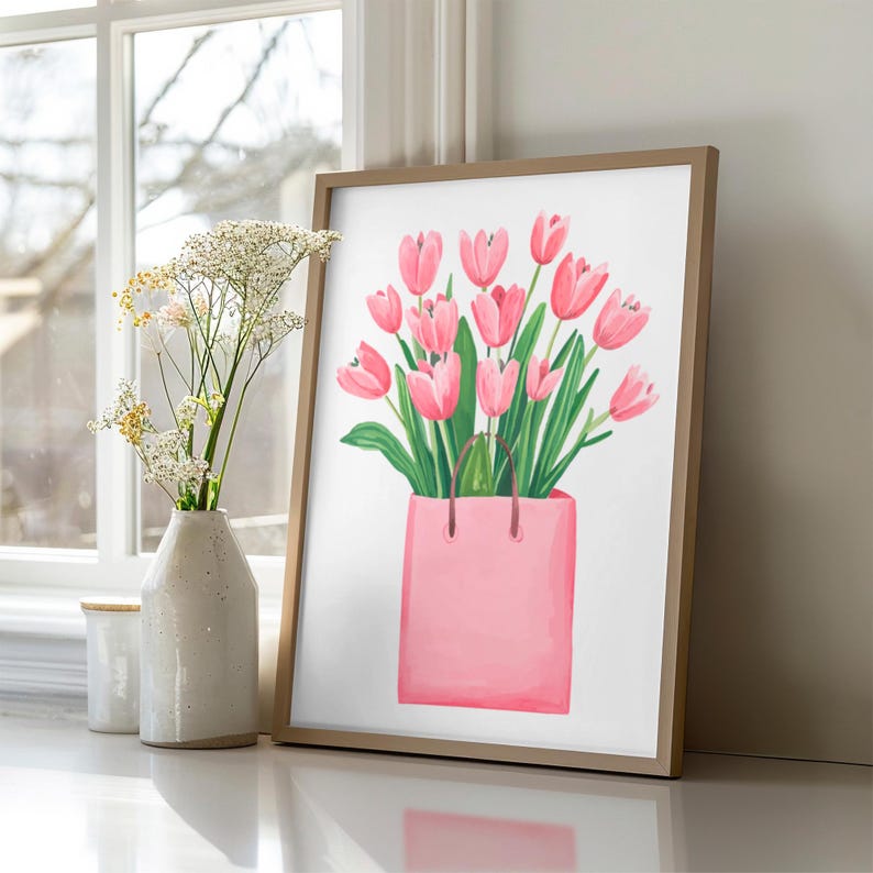 Pink Tulips Print, Tulip Printable Wall Art, Spring Wall Art, Flower ...