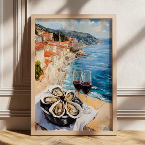 Seafood Poster, Oysters and Wine Print, Kitchen decor, Food Art Print, Dinner Party Poster, Glass of Wine and Oysters, Vintage Oysters Print