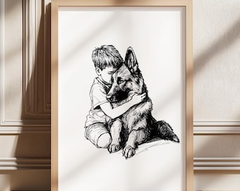 Boys Nursery Print, German Shepherd and Boy Poster, Dog Nursery Wall Art, Baby Room Retro Decor, Dog Sketch Art, Neutral Dog Sketch