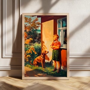 Póster vintage, arte retro, impresión digital, ilustración clásica, decoración nostálgica, niño y perro, escena otoñal, arte rural, tonos cálidos.