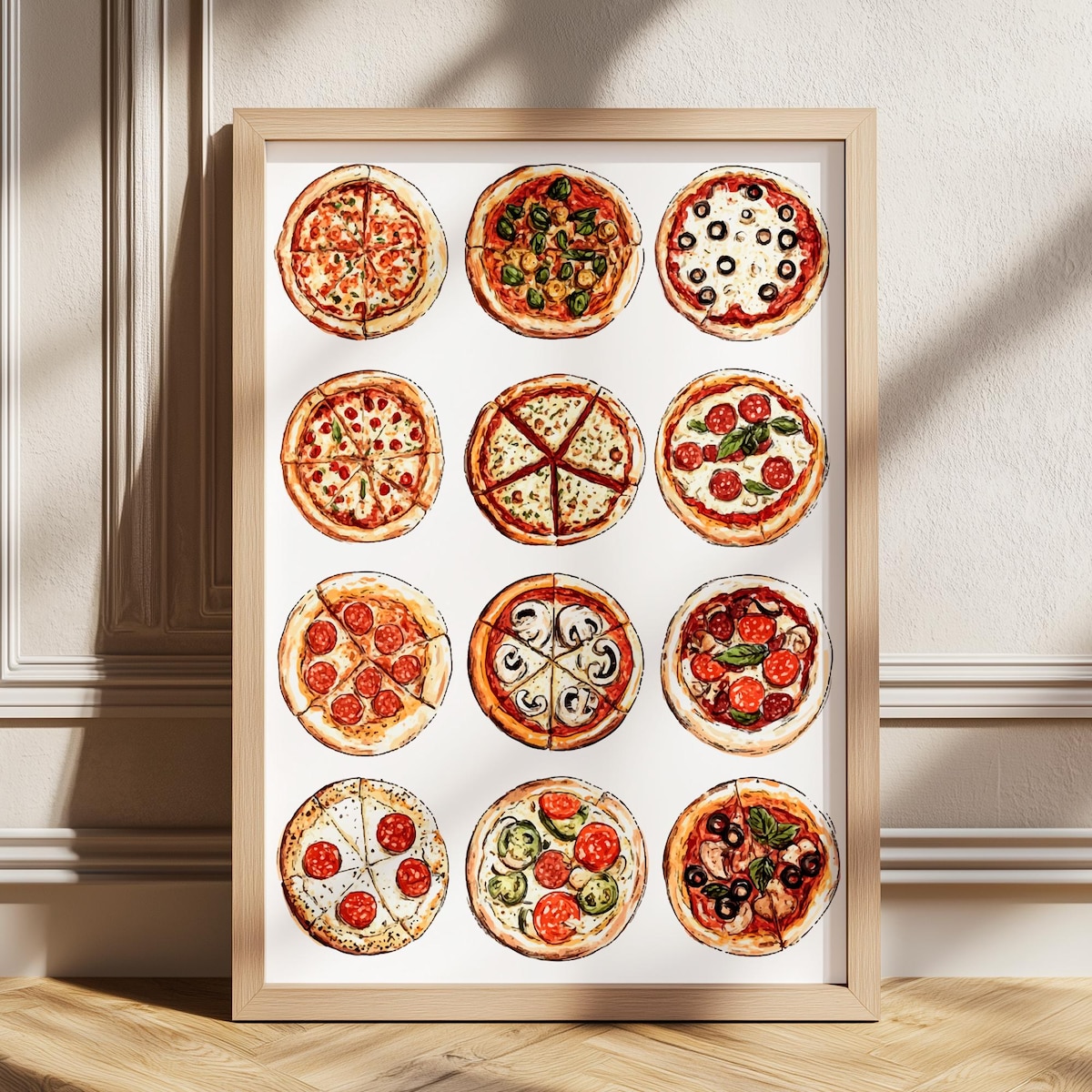 Hand Drawn Pizza Print, Pizza Club Poster, Modern Dinning Room Art, Digital Download, Pizza Lover Gift, Kitchen Wall Art, Retro Food Print